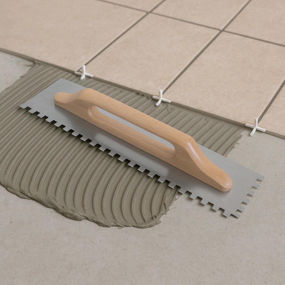 Spatola dentata acciaio 48x13cm impugnatura legno cerato 10x10mm