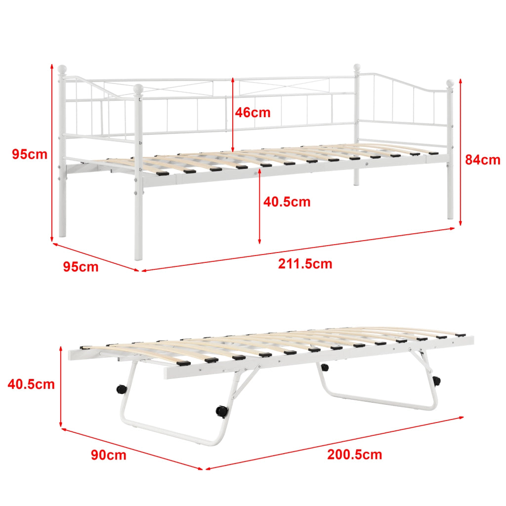 Divano in Metallo con Cornice Decorativa + Letto di Complemento con Gambe Pieghevoli e 4 Ruote, Sofa a 2-3 Posti di Seduta e Secondo Letto Salvaspazio + 2 Materassi 200x90 cm - Bianco