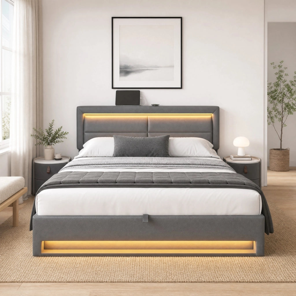 Letto imbottito 140x190 cm in PU grigio con USB, LED e contenitore