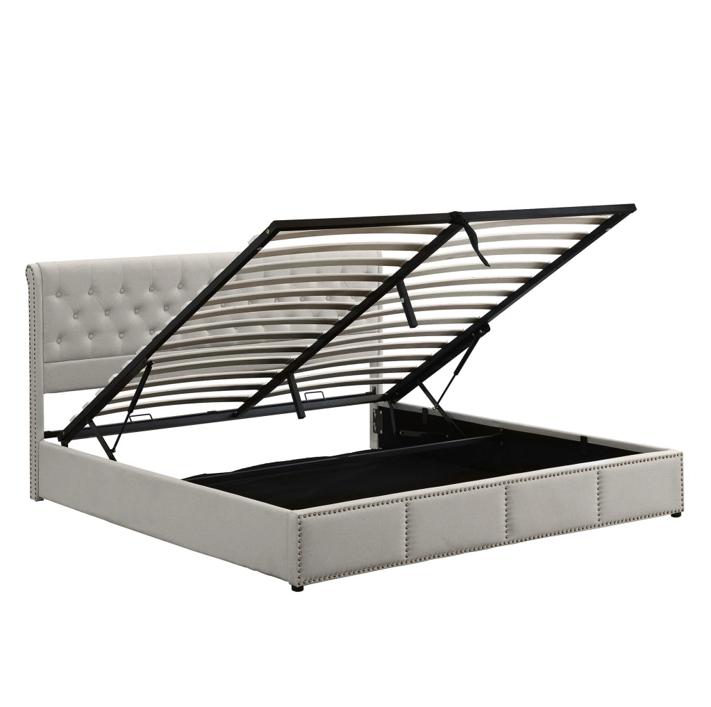 Letto matrimoniale contenitore 140x200 cm in tessuto lino grigio; con rete a doghe