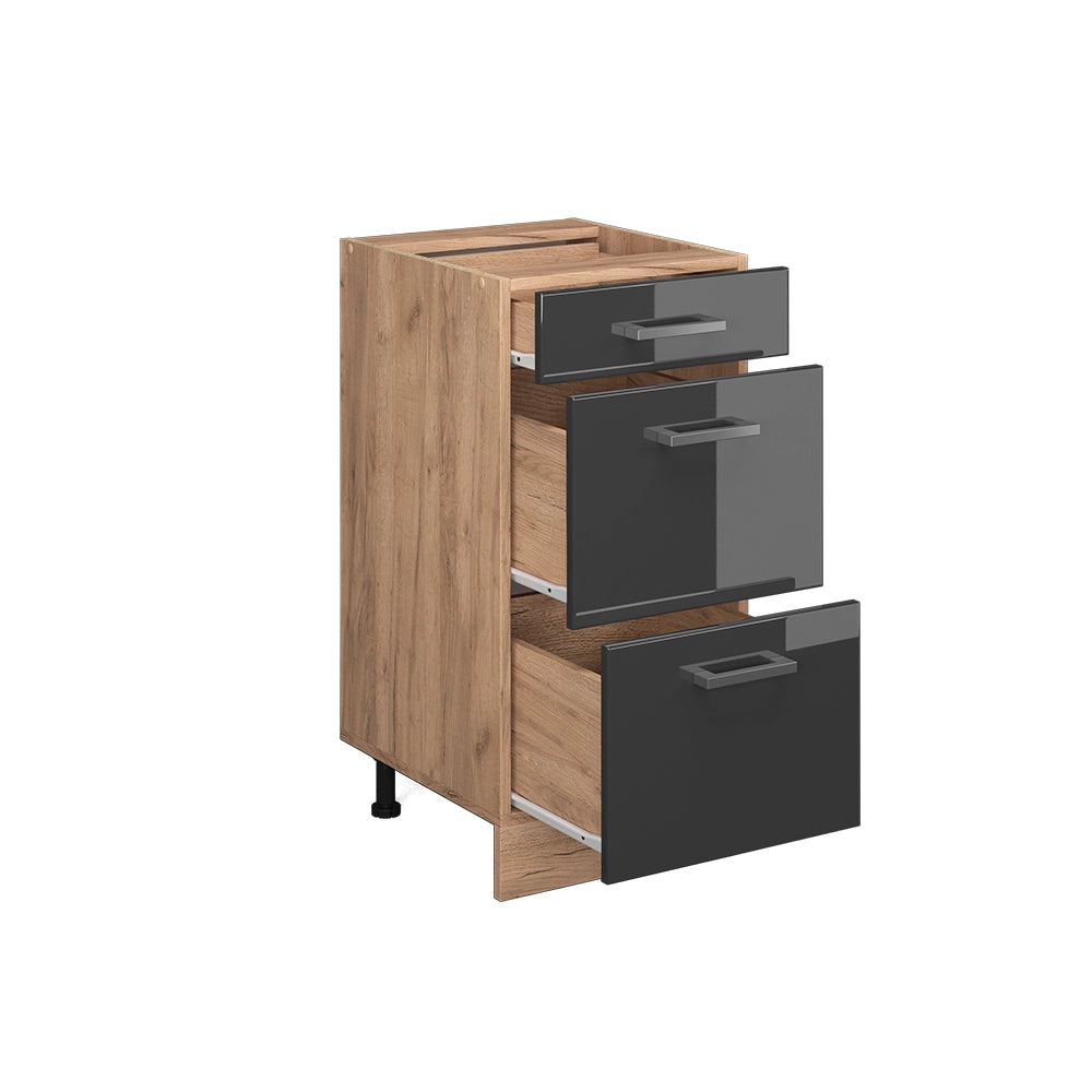 Mobiletto base per cucina R-Line Antracite lucido/Rovere dorato 40 cm con cassetti, senza piano di lavoro Vicco