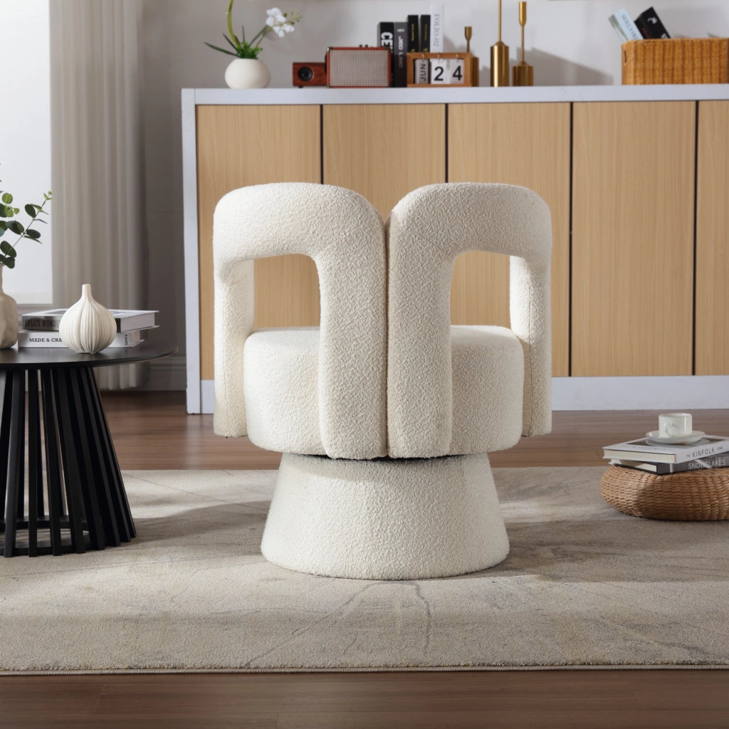 Poltrona Girevole 360° Imbottitura Ampia con Braccioli Arrotondati; Comfort Morbido; Base in Metallo; in Bouclé Beige