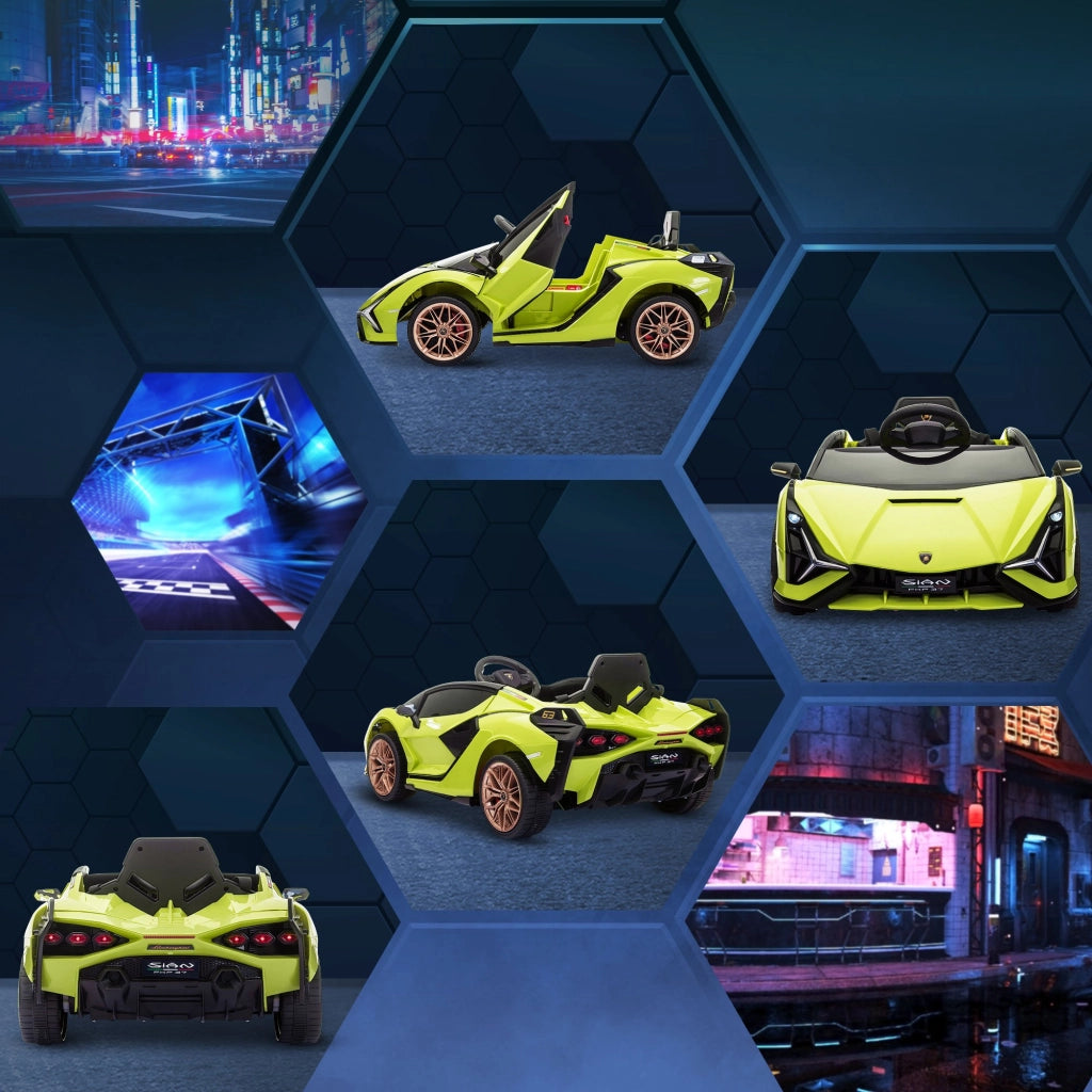 EasyComfort Lamborghini Macchina Elettrica per Bambini 12V con Fari e Musica, Telecomando e Velocità 3-5km/h, Età 3-5 Anni, 108x62x40cm, Verde