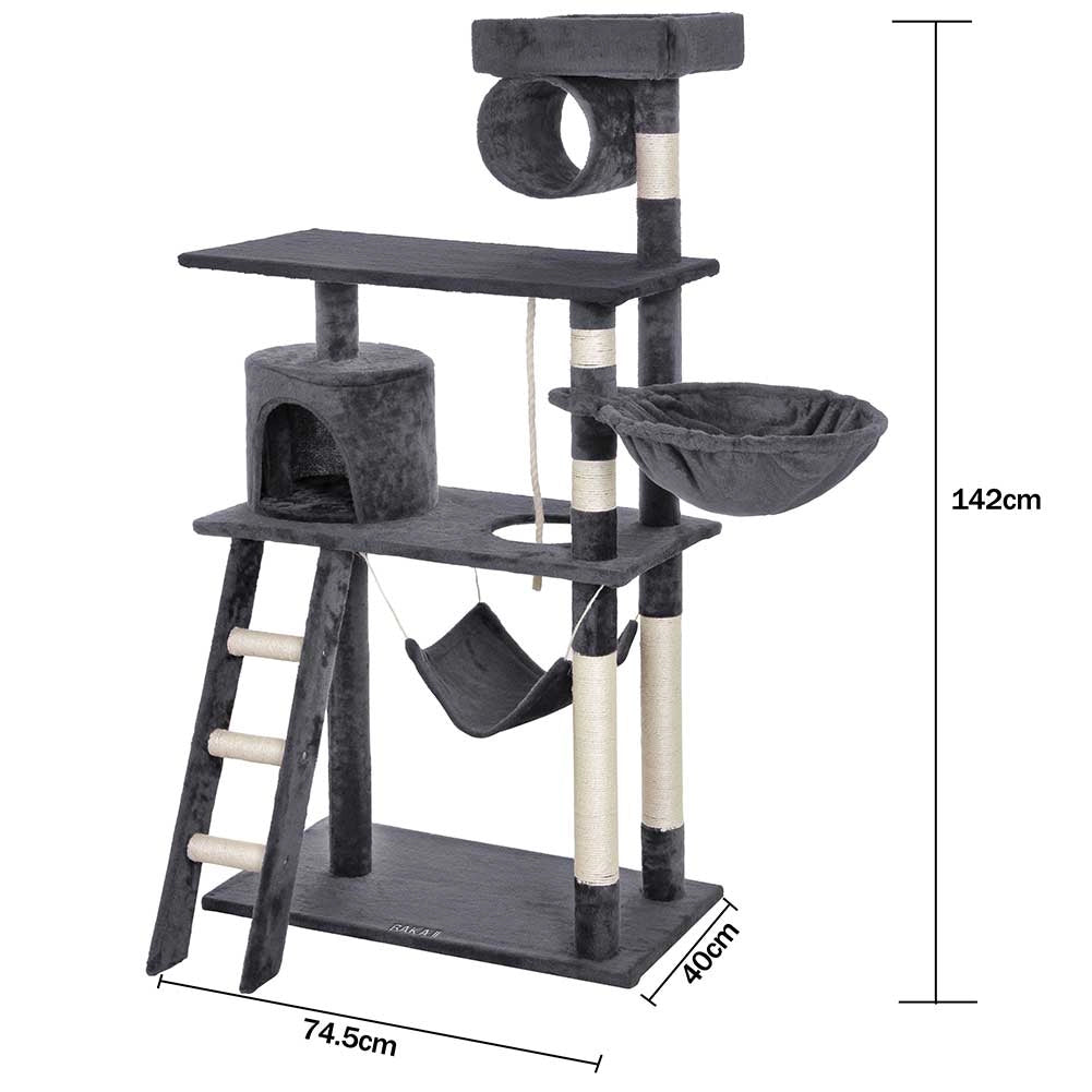 Albero Tiragraffi per Gatti Parco Giochi Cuccia Graffiatoio gatto 142cm Grigio