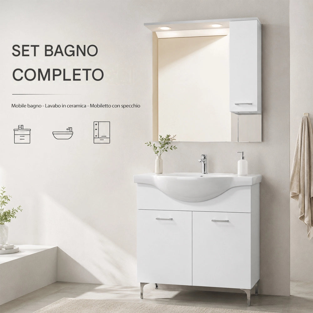 Set Completo Mobile da Bagno da Terra 85 cm con Due Ante Bianco Specchio e Accessori