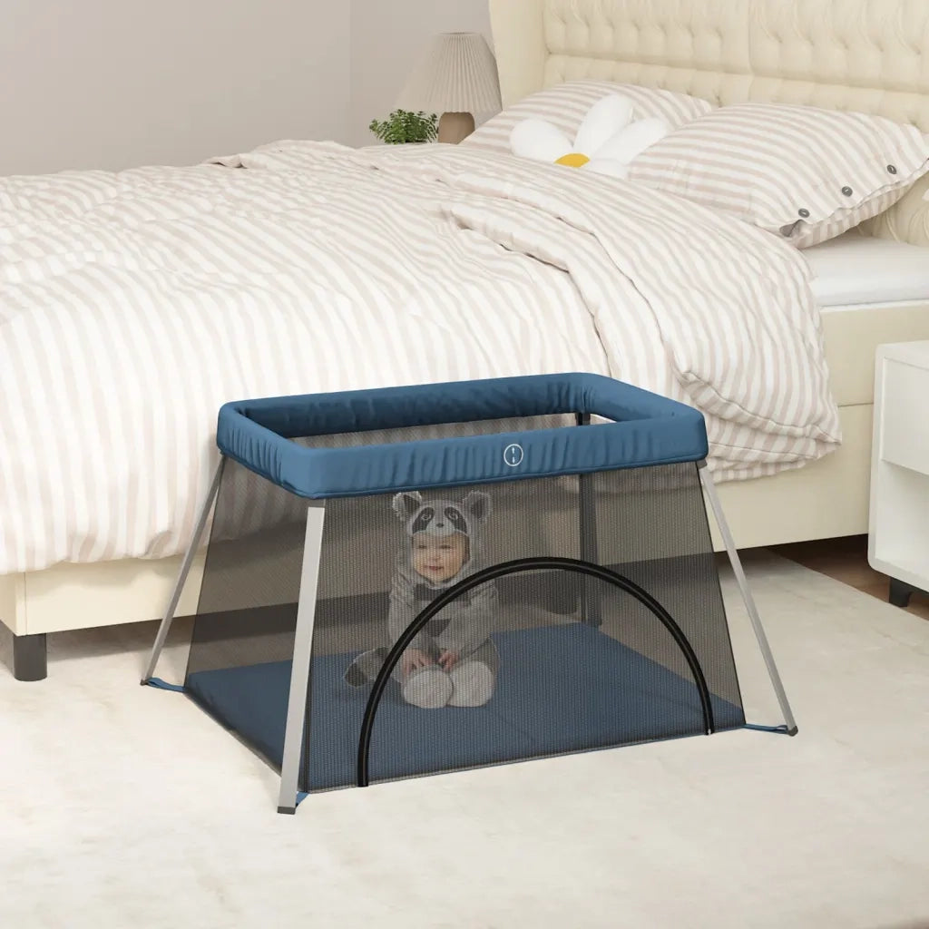 Box per Bambini con Materasso Blu Marino Tessuto di Lino CFW8141826
