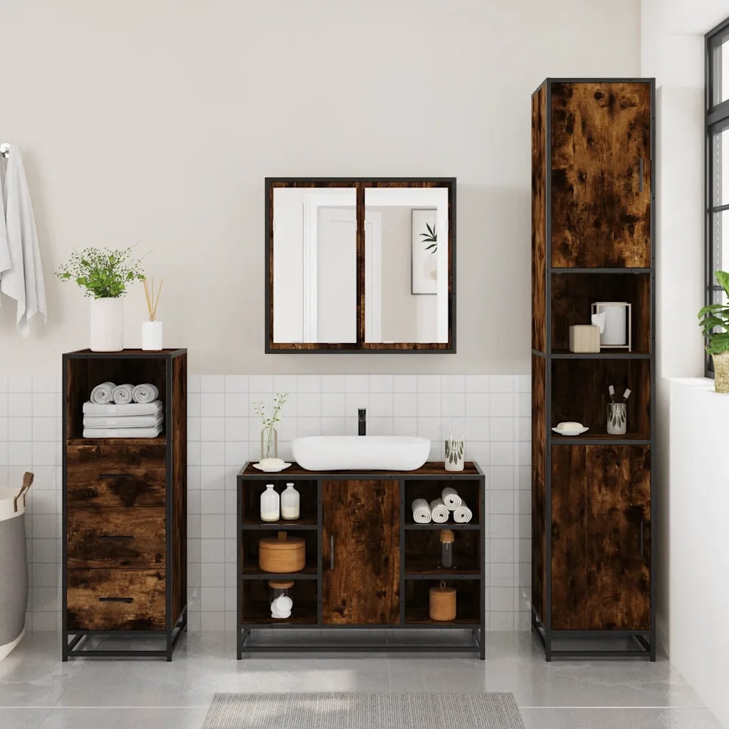 Set Mobili da Bagno 3 pz Rovere Fumo in Legno Multistrato
