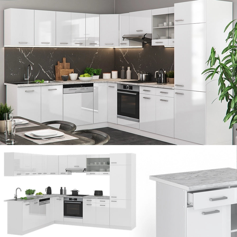 Cucina angolare completa R-Line Bianco lucido/Bianco 287 x 227 cm, PL Antracite Vicco