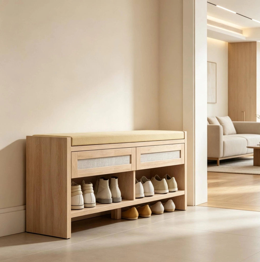 Panca portascarpe con cassetti in rattan PE e cuscino
