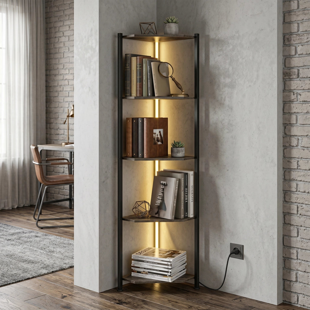 Libreria angolare 5 livelli con LED ¨C zephmum ¨C Rustico Marrone 100x30x200