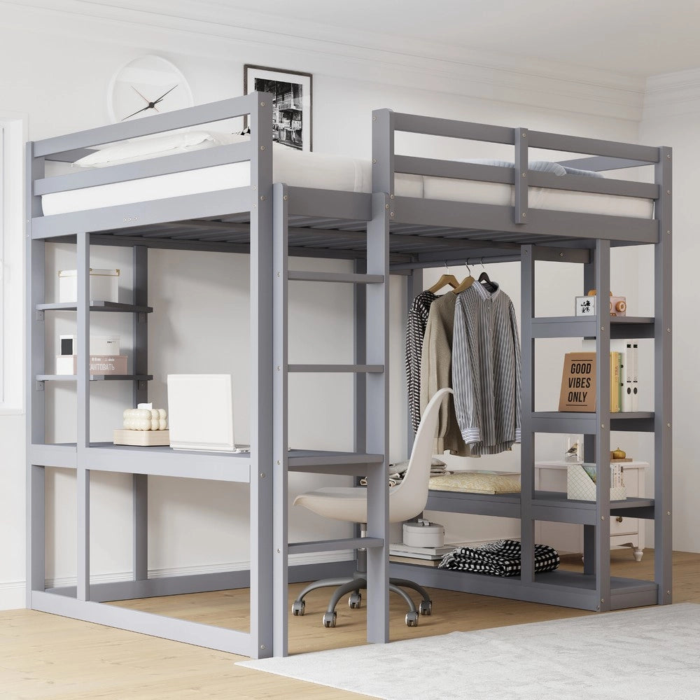 Letto a Soppalco con Scrivania e Ripiani ¨C MINIMAL ¨C Legno Massello Grigio 140x200