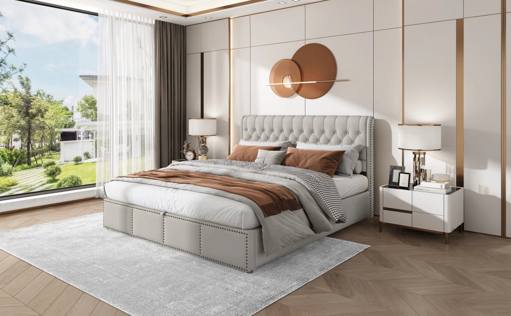 DESMIU Letto con contenitore 160 × 200 cm 2 posti con vano e borchie, senza materasso, in lino grigio