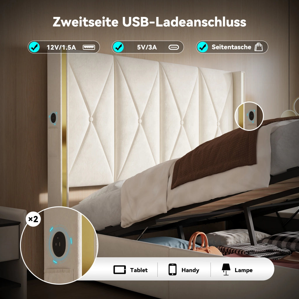 LETTO Contenitore 160x200 cm in Velluto Beige con USB, LED e tasche laterali