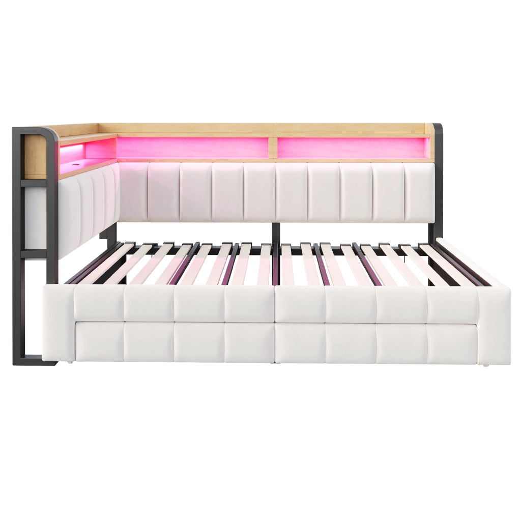 Letto a Divanetto 90x200 cm; USB e Type-C; LED Regolabile; 2 Cassetti; in Velluto; Beige