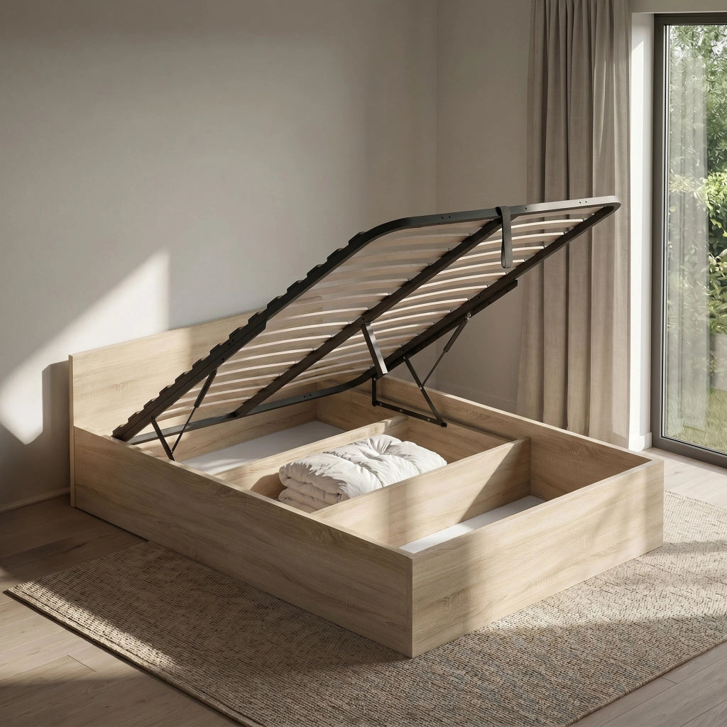 Letto con contenitore 120x200 cm rete sollevabile in metallo Rovere Sonoma
