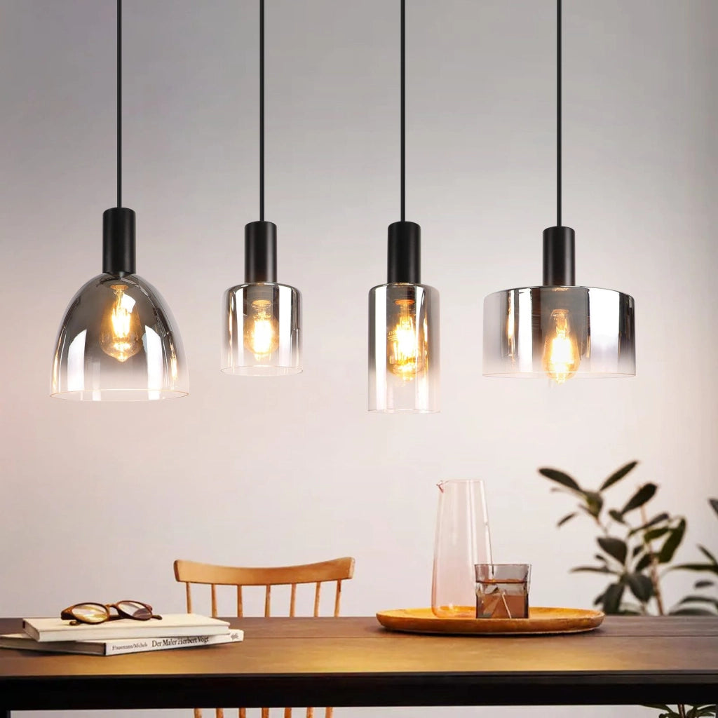 ZMH Lampada a Sospensione 4 Luci E27 Vintage Vetro Fum¨¦ Altezza Regolabile per Camera Cucina Senza Lampadina