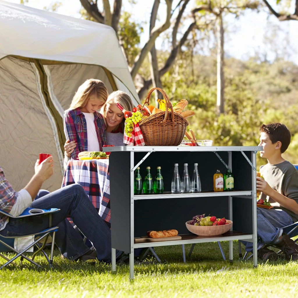 Tavolo Pieghevole con Borsa da Trasporto, Tavolo da Picnic con 3 Livelli di Stoccaggio, Tavolo da Giardino in Alluminio, Tavolino per Picnic, Barbecue, Feste (Venatura del Legno)