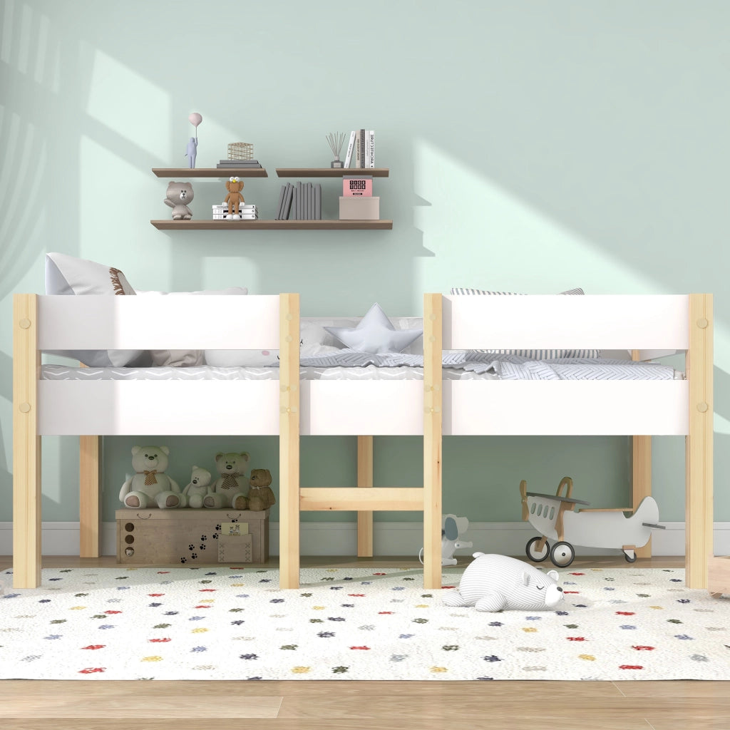 Letto per bambini bianco e rovere con protezione anticasco in legno massello di pino 90x190 cm