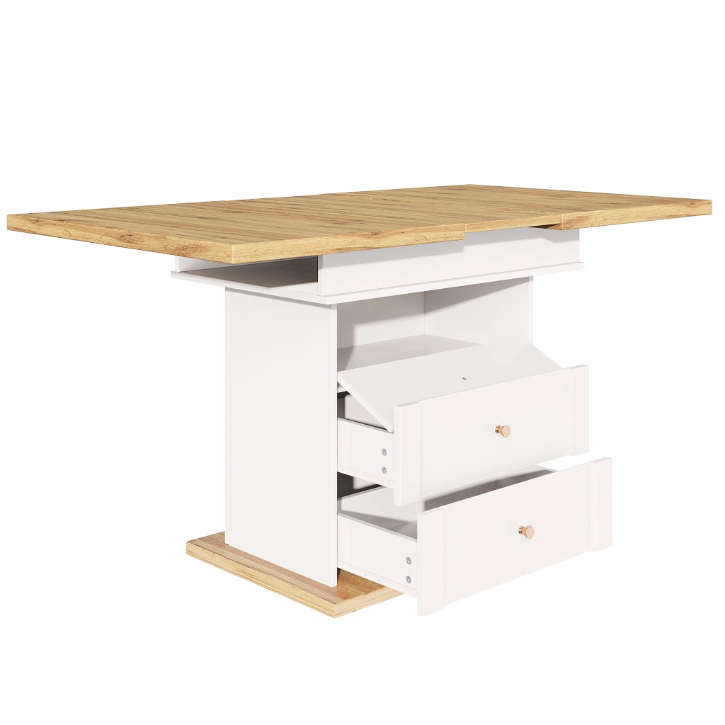 Tavolo allungabile in MDF con spazio contenitore e soft close, per cucina e soggiorno, bianco, 110-140 × 80 × 75 cm