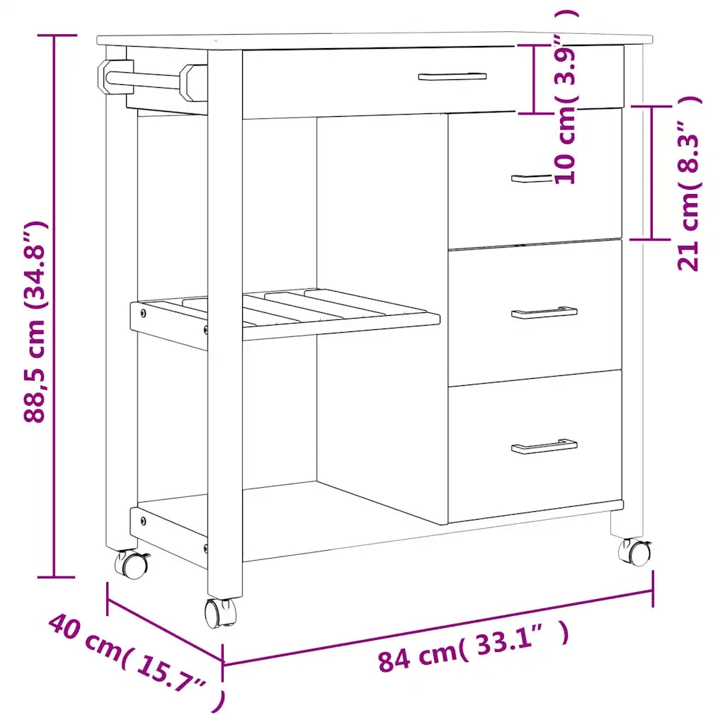 Carrello da Cucina MONZA 84x40x88,5 cm in Legno Massello di Pino 376115