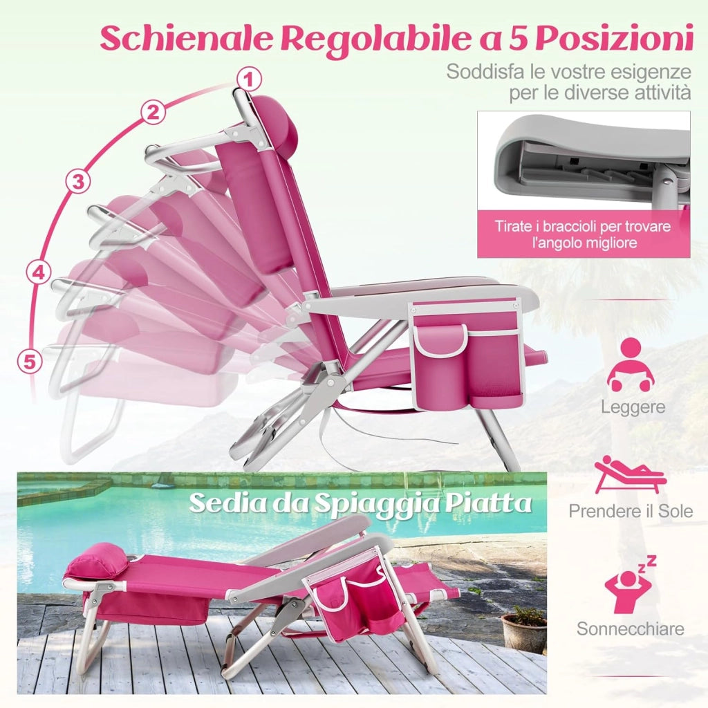 Sedia da Spiaggia, Sdraio Pieghevole a 5 Posizioni con Portabicchieri, Poltrona da Spiaggia con Cuscino per Testa e Zaino, Sedia da Campeggio Portatile, Portata 150 kg (Rosa,1)