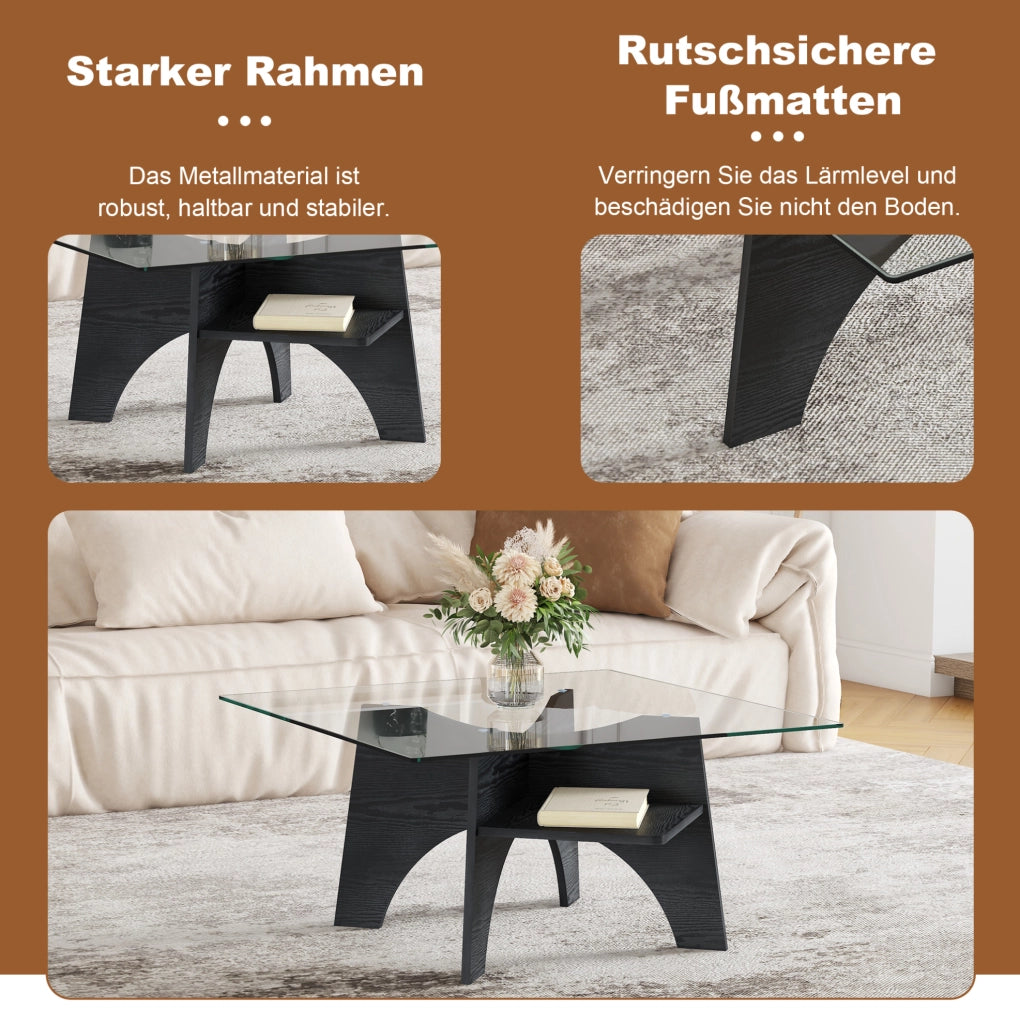 Tavolino da caffè quadrato 80x80x40 cm in vetro di sicurezza e MDF nero
