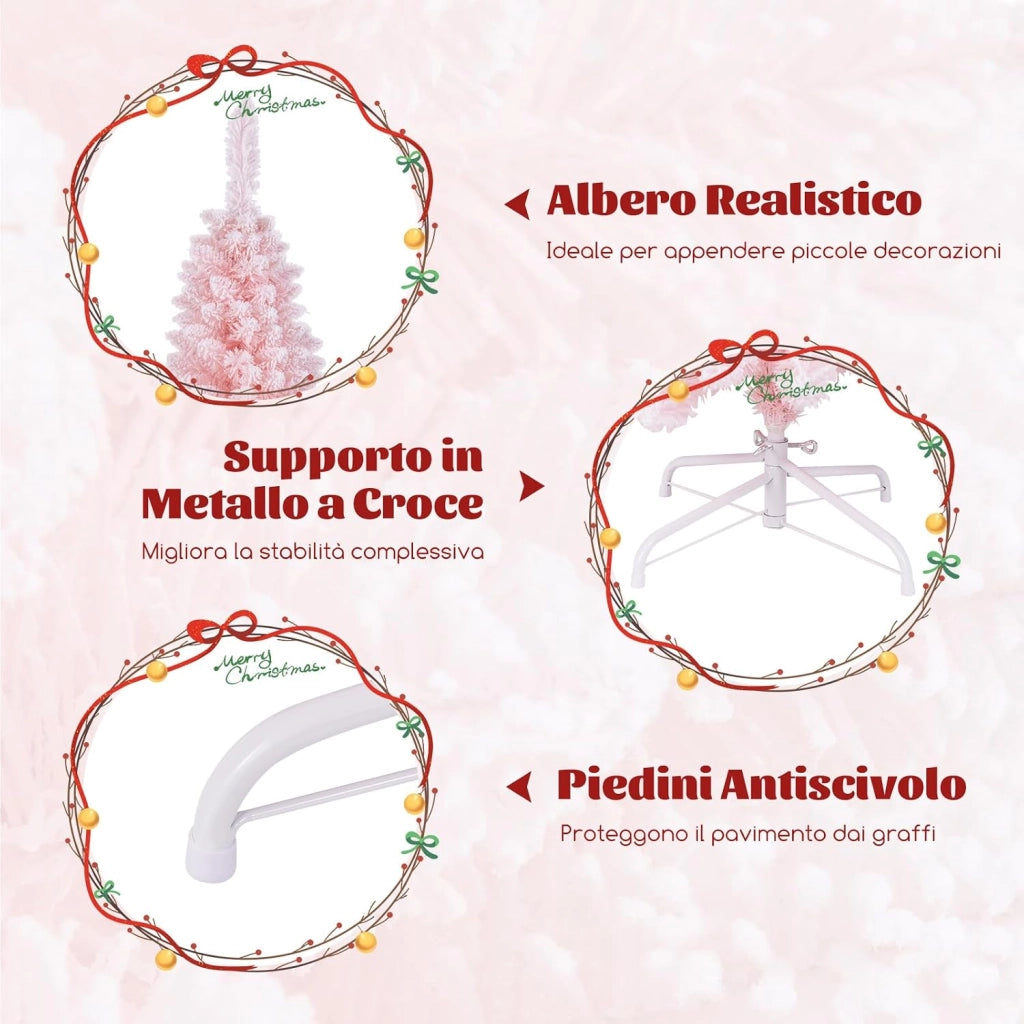 Albero di Natale Slim Rosa 150/180 cm, Albero di Natale Innevato con 328/460 Rami e Supporto Metallico Pieghevole, Albero per Decorazione per Feste in Casa e Ufficio (180 CM)