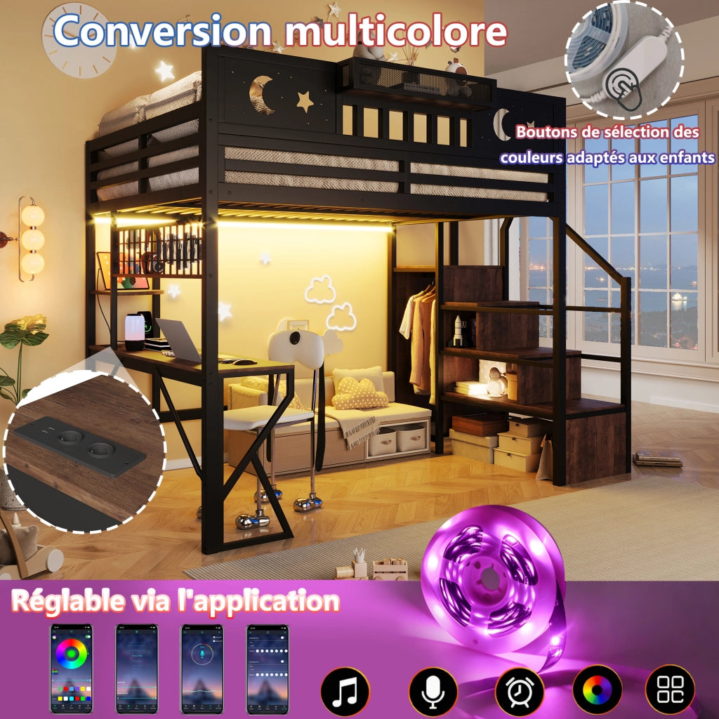 Letto a soppalco 140x200 cm con scrivania; pannello pegboard; ripiani; LED; USB e gambe a K; metallo nero