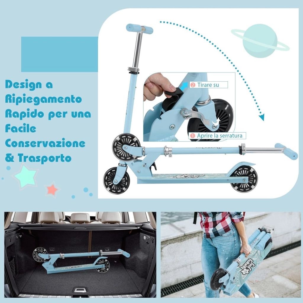 Monopattino Bambini, Monopattino Bambino e Bambina +3 Anni Pieghevole con 2 Ruote Lampeggianti, Manubrio Regolabile e Freno (Azzurro)