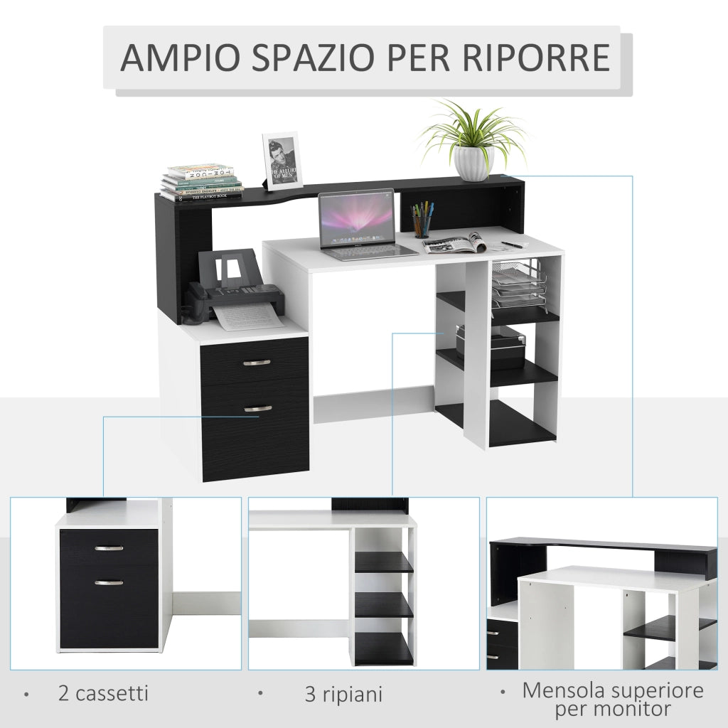 EasyComfort Scrivania per Ufficio con Ripiano Stampante, 2 Cassetti e 3 Mensole, in MDF Bianco e Nero, 137 x 55 x 92cm