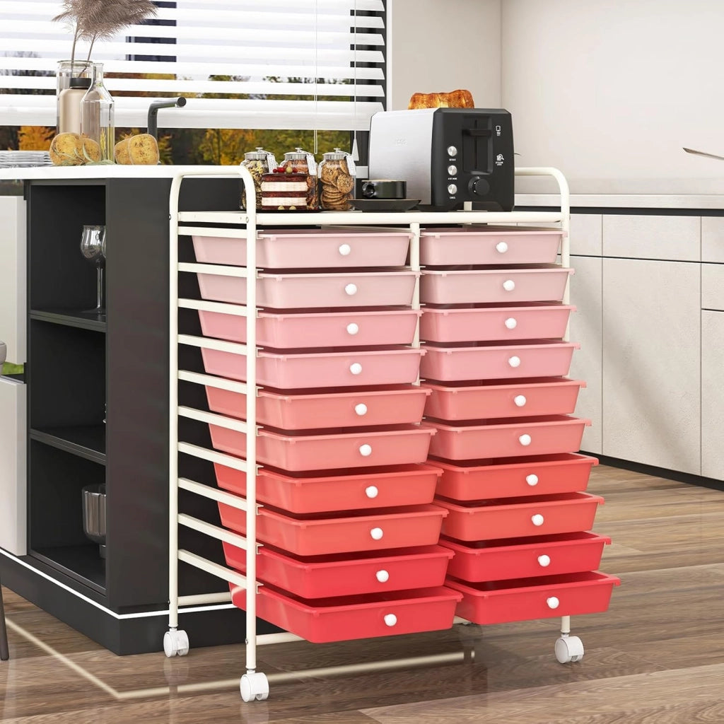 Carrello con 20 cassetti, impilabile, per cassetti, da cucina, bagno, ufficio, 64 x 39 x 88 cm (rosso + rosa)
