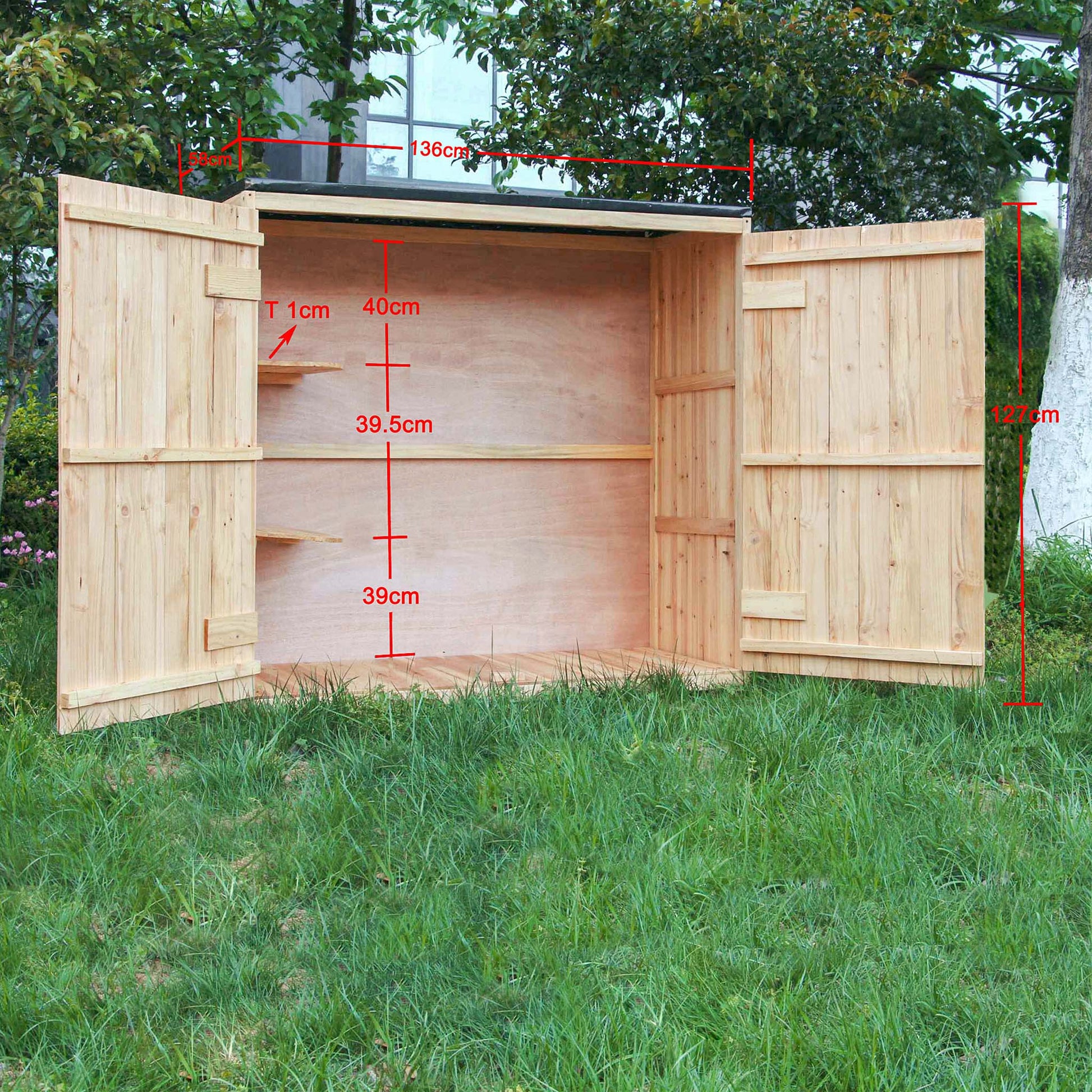 Casetta porta attrezzi da giardino in legno color naturale, 136 x 127 x 58 cm, armadio da esterno a due ante, capanno per utensili e strumenti