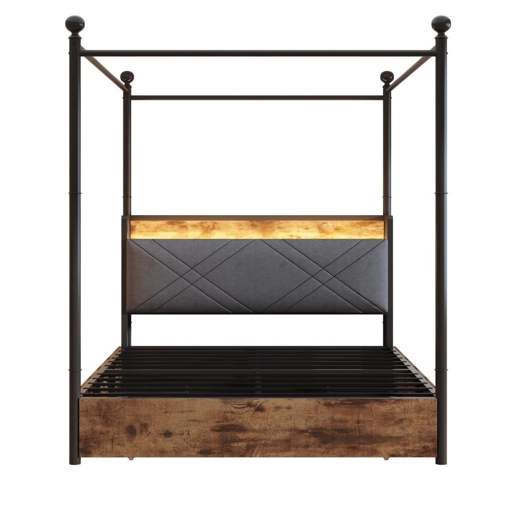 DESMIU Lit adulto 140 × 190 cm con LED, USB, Type-C, 3 cassetti e spazio contenitore, senza materasso, metallo nero