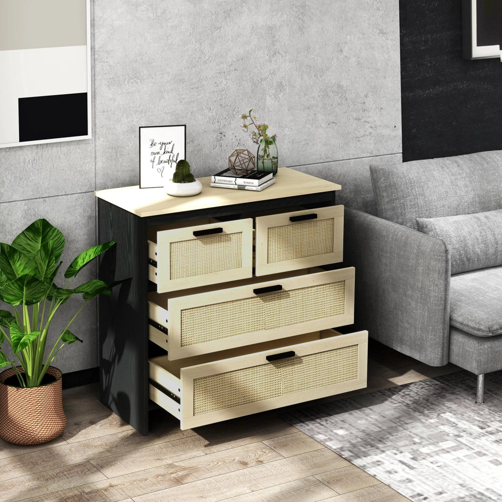 Cassettiera 4 Cassetti in Truciolato e Rattan ¨C Zephmum ¨C 80x38x80 cm