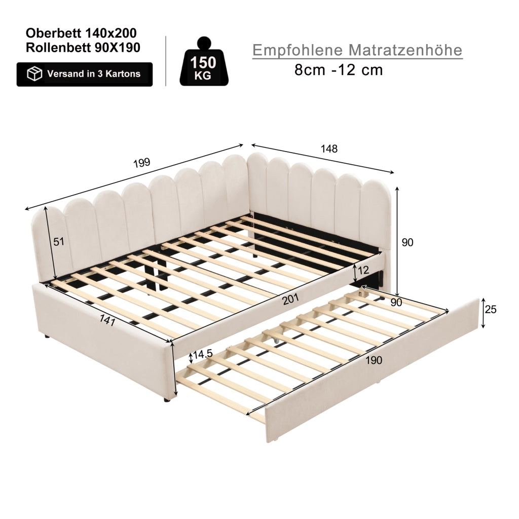 Letto matrimoniale 140×200 cm imbottito con letto estraibile; velluto beige; senza materasso