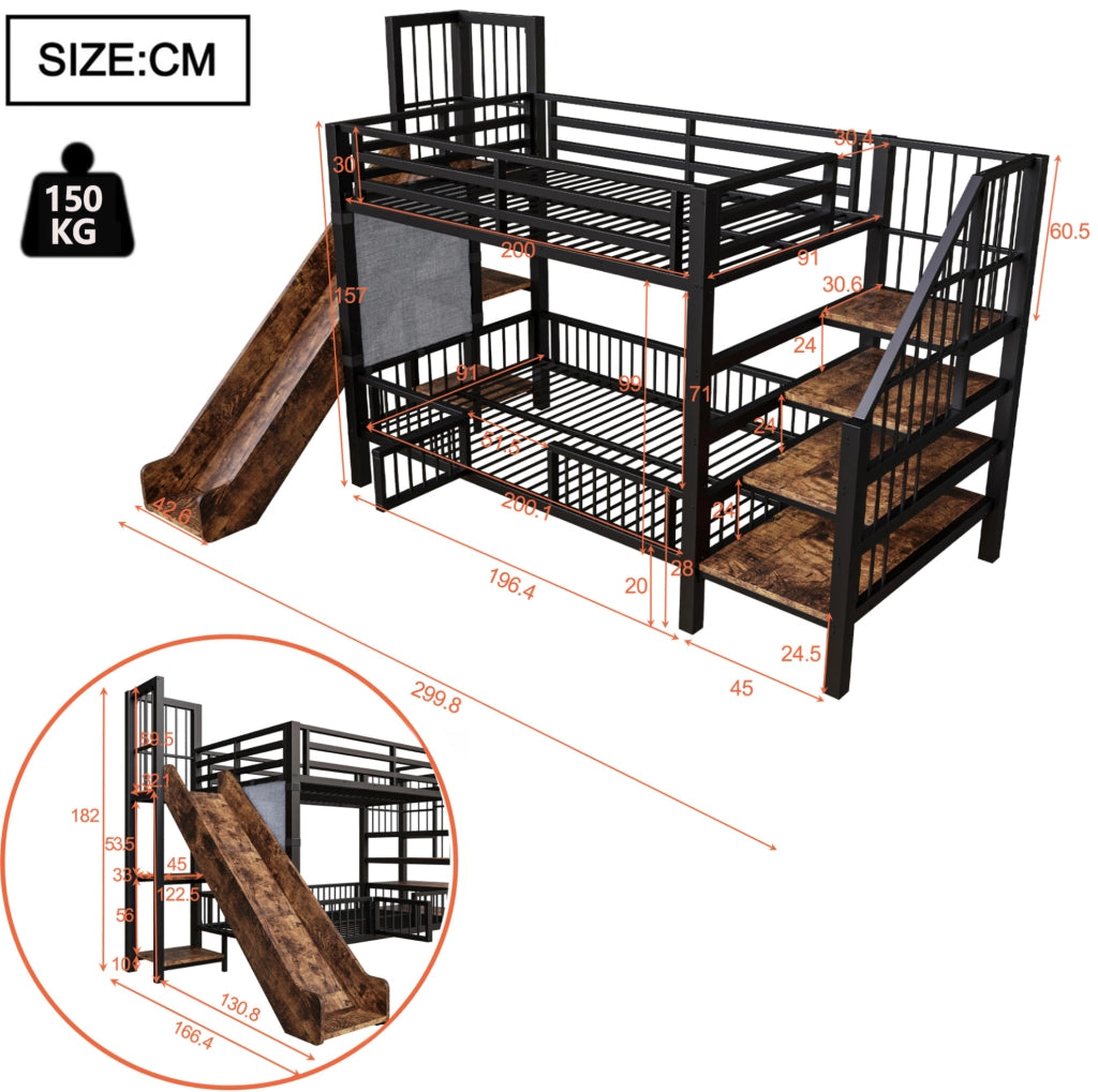Letto a soppalco per bambini 90x200 cm in metallo; nero; con scivolo; scala contenitore e ripiani