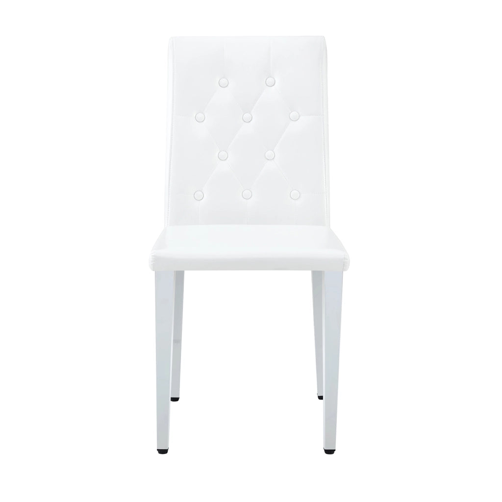 Set di 4 sedie da pranzo con schienale trapuntato e gambe in metallo in PU bianco e argento