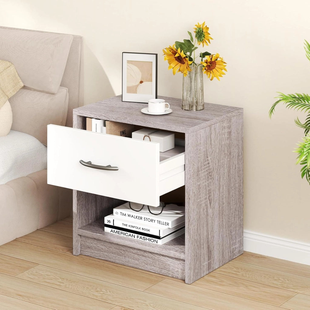 COSTWAY Comodino 38,5 x 28 x 40,5cm in Legno, Tavolino Salvaspazio con Scomparto Aperto e Casseto per Soggiorno e Camera da Letto (Naturale Chiaro+Bianco)