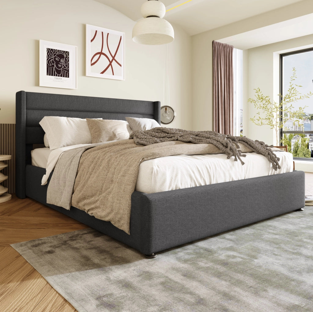 Letto matrimoniale imbottito con contenitore idraulico 180x200 cm in lino grigio