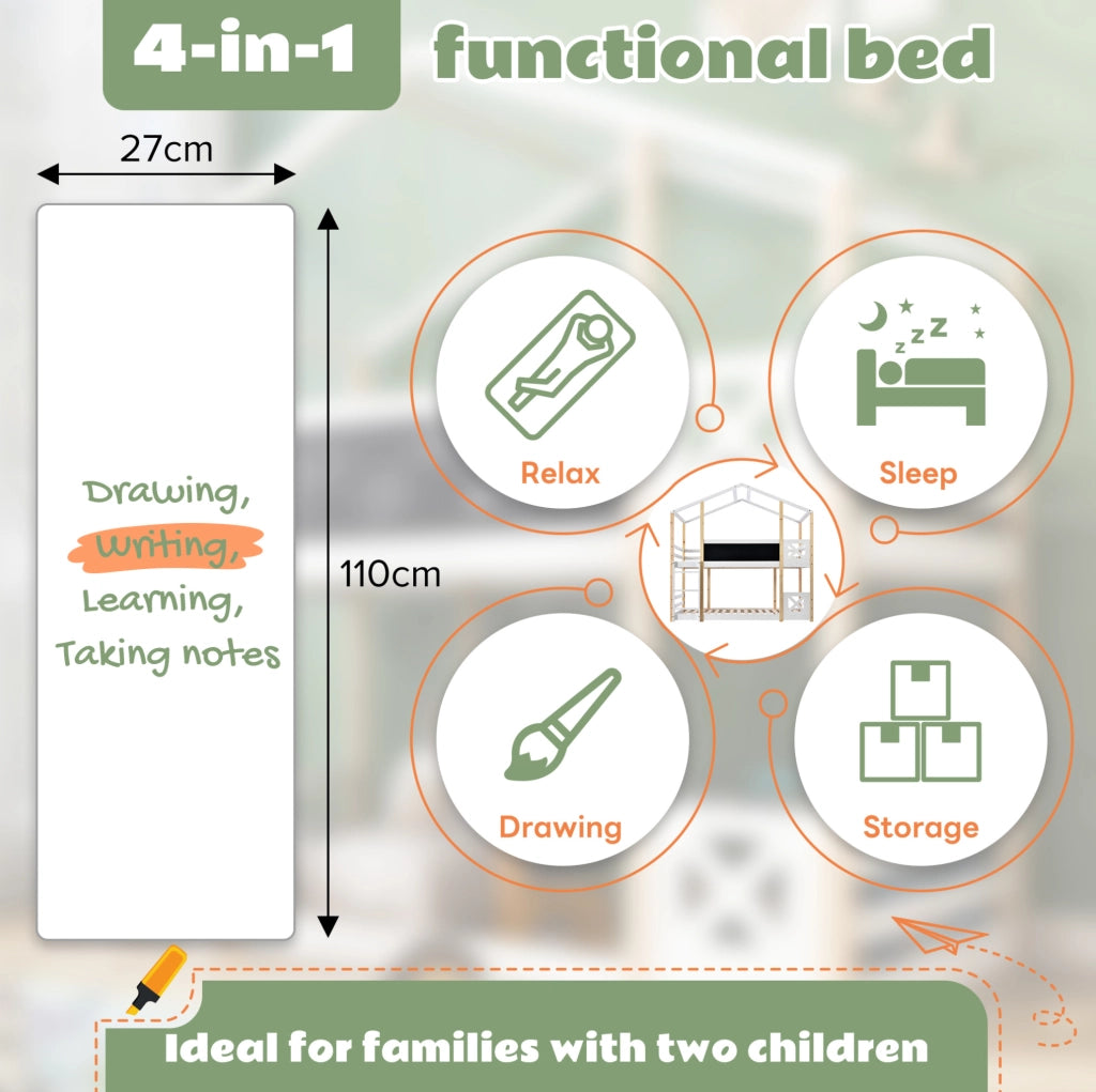 Letto a soppalco per bambini 90x200 cm con scala; lavagna e rete a doghe; bianco