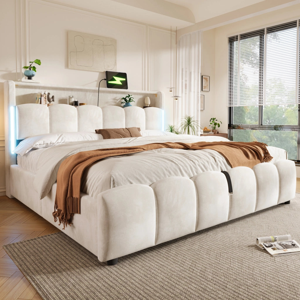Letto contenitore imbottito con vano idraulico e LED RGB LEMONMAX; 180x200 cm; testiera con vano; USB-C; velluto; beige