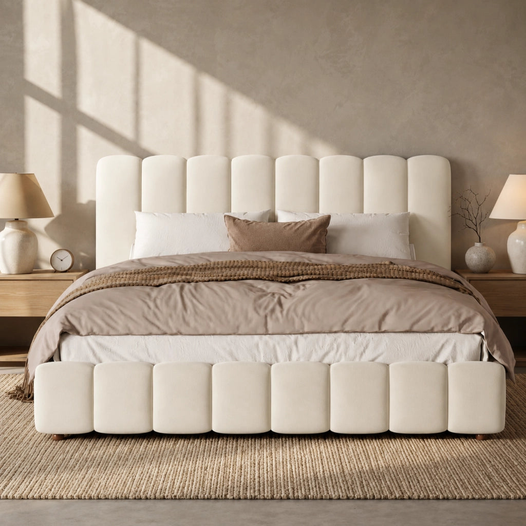 Letto Contenitore 180x200 cm; Letto Matrimoniale - Contenitore idraulico; in Velluto Beige