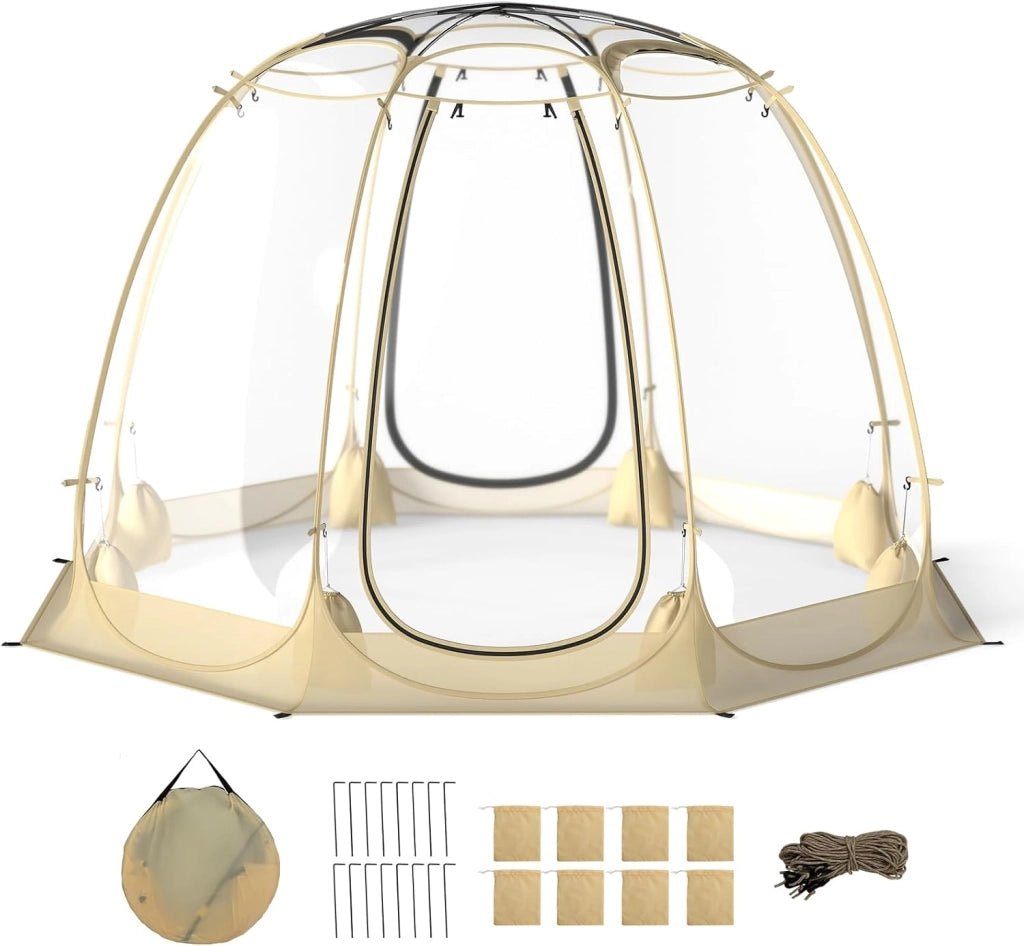 Tenda a Bolle Pop Up, Tenda da Campeggio Trasparente per 5-6 Persone, Antivento e Impermeabile, Igloo Portatile da Giardino in PVC, per Pesca, Spiaggia, Eventi Sportivi e Attività all’Aperto