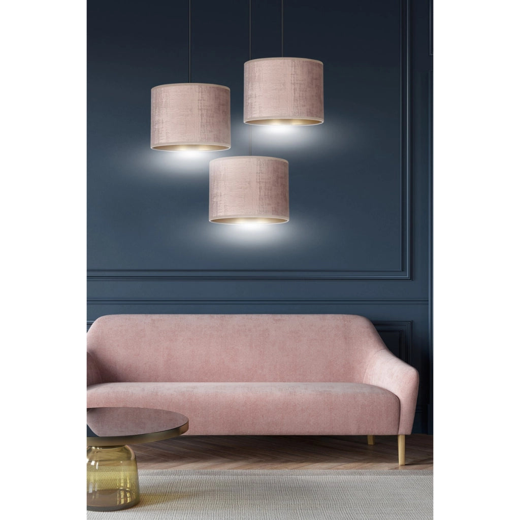Set di lampade a sospensione Hilde in acciaio e velluto rosa