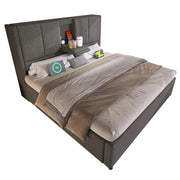 Letti contenitori 140x200 cm con porta bicchieri e stazione di ricarica; lino; grigio (Senza materasso)