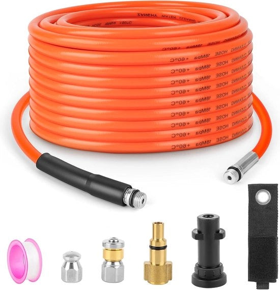 Serpentino di scarico Set di pulizia | Bocchetta di getto | Bocchetta di getto rotante | 15M 180Bar Arancione