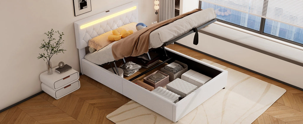 DESMIU Letto contenitore 140 × 200 cm 2 posti con LED regolabile, USB e Type-C, senza materasso, in lino, bianco
