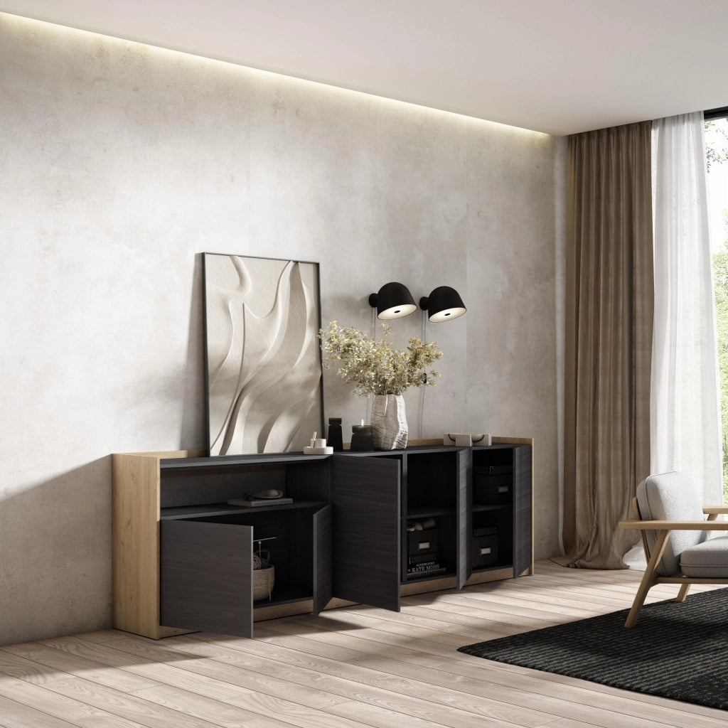 Credenza, Mobile, Cucina, 260x80x37 cm, 5 Porte, grande stoccaggio, Nero e rovere