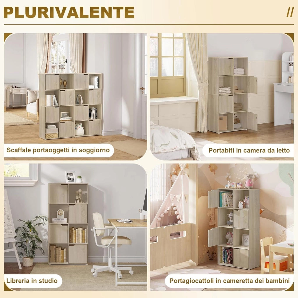 Libreria Autoportante, Porta Libri a 8 Cubi, Libreria con 4 Ante, Scaffale Portaoggetti per Soggiorno, Ufficio, Studio, Camera da Letto, in Legno, Rovere Chiaro, SK039hei