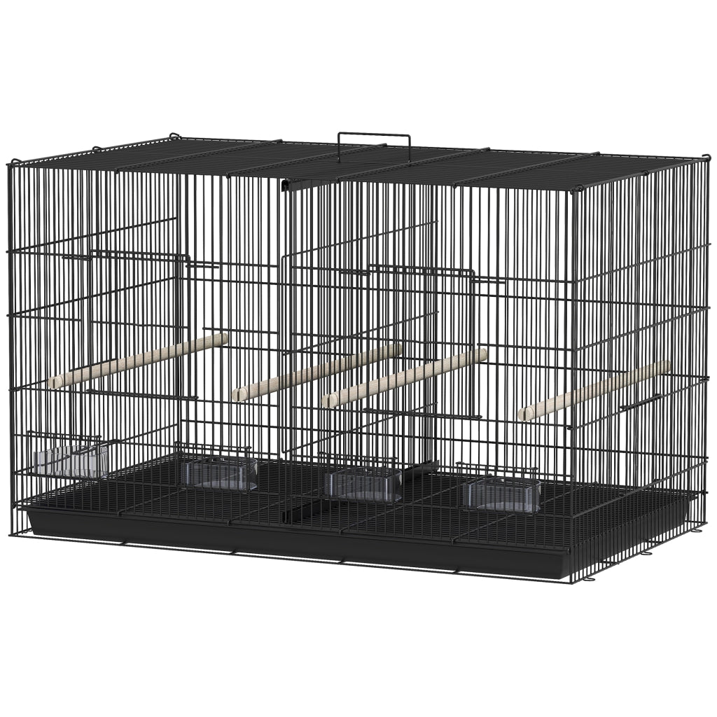 Gabbia per Uccelli con Divisorio e Ripiano Inferiore Portaoggetti, in Acciaio e PP, 94x57x57 cm, Nero